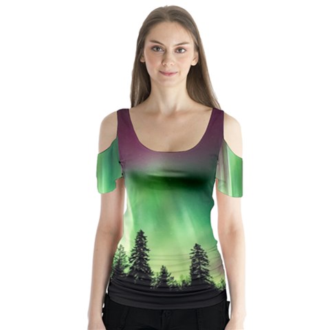 Aurora Borealis Northern Lights Nature Butterfly Sleeve Cutout Tee  by Ravend