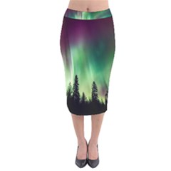 Aurora Borealis Northern Lights Nature Velvet Midi Pencil Skirt by Ravend