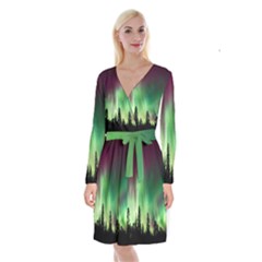 Aurora Borealis Northern Lights Nature Long Sleeve Velvet Front Wrap Dress by Ravend