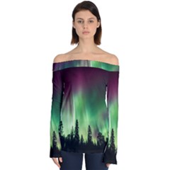 Aurora Borealis Northern Lights Nature Off Shoulder Long Sleeve Top by Ravend