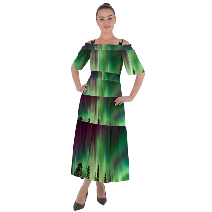 Aurora Borealis Northern Lights Nature Shoulder Straps Boho Maxi Dress 