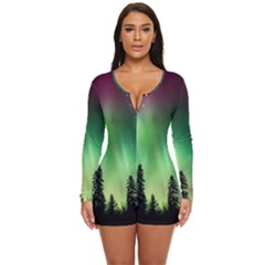 Aurora Borealis Northern Lights Nature Long Sleeve Boyleg Swimsuit by Ravend