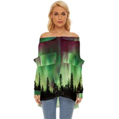 Aurora Borealis Northern Lights Nature Off Shoulder Chiffon Pocket Shirt by Ravend