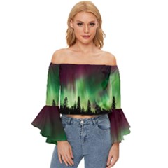 Aurora Borealis Northern Lights Nature Off Shoulder Flutter Bell Sleeve Top by Ravend