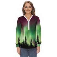 Aurora Borealis Northern Lights Nature Zip Up Long Sleeve Blouse