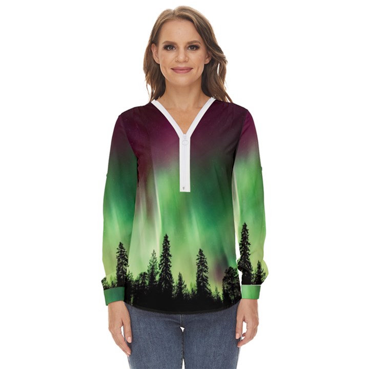 Aurora Borealis Northern Lights Nature Zip Up Long Sleeve Blouse