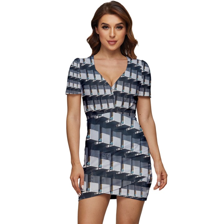 Balcony pattern Low Cut Cap Sleeve Mini Dress