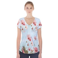 Cosmos Flower Blossom In Garden Short Sleeve Front Detail Top by artworkshop