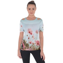 Cosmos Flower Blossom In Garden Shoulder Cut Out Short Sleeve Top by artworkshop