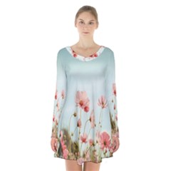 Cosmos Flower Blossom In Garden Long Sleeve Velvet V-neck Dress