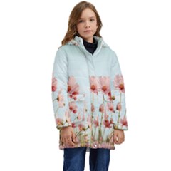 Cosmos Flower Blossom In Garden Kid s Hooded Longline Puffer Jacket by artworkshop