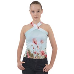 Cosmos Flower Blossom In Garden Cross Neck Velour Top by artworkshop