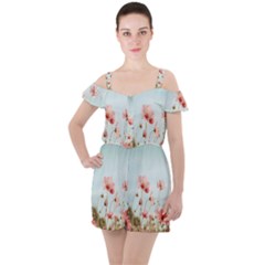 Cosmos Flower Blossom In Garden Ruffle Cut Out Chiffon Playsuit by artworkshop