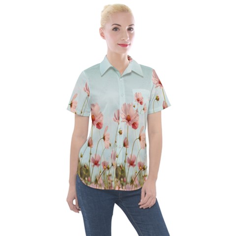 Cosmos Flower Blossom In Garden Women s Short Sleeve Pocket Shirt by artworkshop