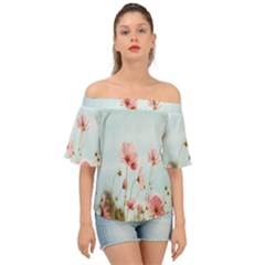 Cosmos Flower Blossom In Garden Off Shoulder Short Sleeve Top by artworkshop