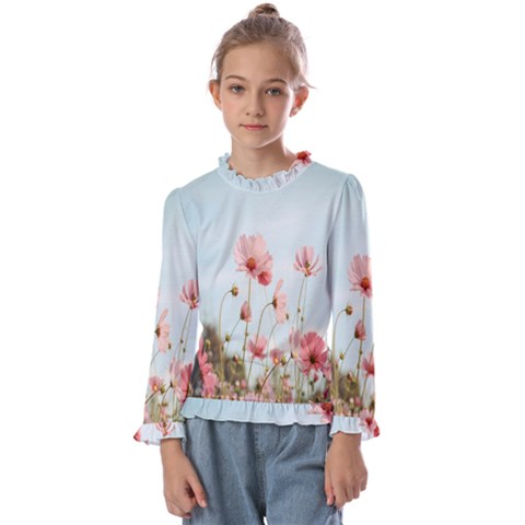 Cosmos Flower Blossom In Garden Kids  Frill Detail Tee by artworkshop