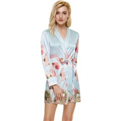 Cosmos Flower Blossom In Garden Long Sleeve Satin Robe by artworkshop