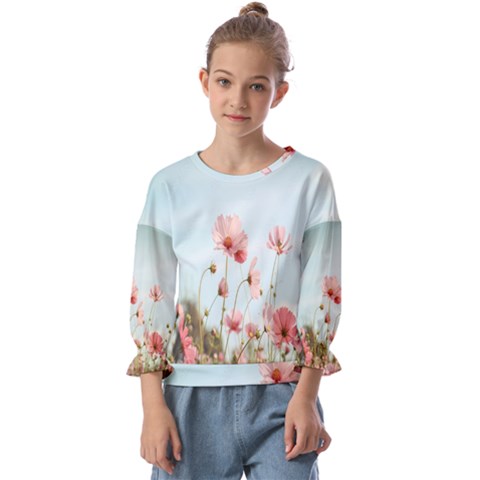 Cosmos Flower Blossom In Garden Kids  Cuff Sleeve Top by artworkshop