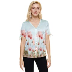 Cosmos Flower Blossom In Garden Bow Sleeve Button Up Top by artworkshop