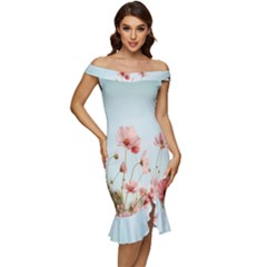 Cosmos Flower Blossom In Garden Off Shoulder Ruffle Split Hem Bodycon Dress by artworkshop