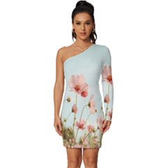 Cosmos Flower Blossom In Garden Long Sleeve One Shoulder Mini Dress