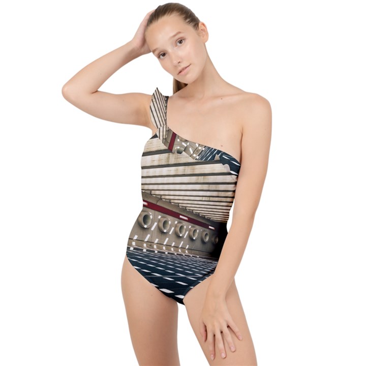 Dark tunnels within a tunnel Frilly One Shoulder Swimsuit