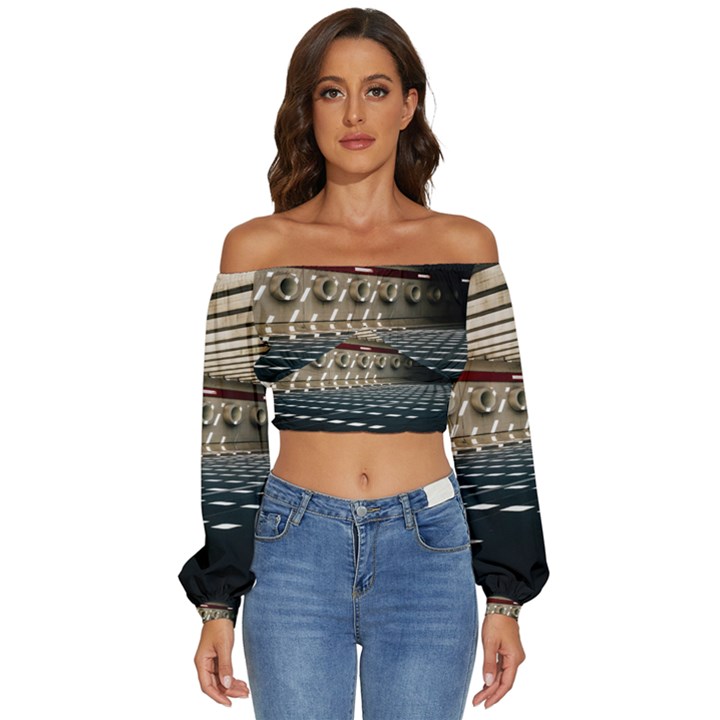 Dark tunnels within a tunnel Long Sleeve Crinkled Weave Crop Top