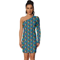 Evita Pop Art Style Graphic Motif Pattern Long Sleeve One Shoulder Mini Dress by dflcprintsclothing