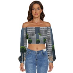 Exterior Building Pattern Long Sleeve Crinkled Weave Crop Top by artworkshop