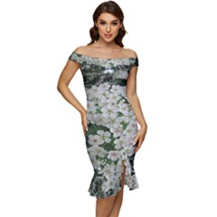 Exterior Building Pattern Off Shoulder Ruffle Split Hem Bodycon Dress