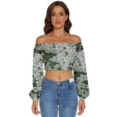 Exterior Building Pattern Long Sleeve Crinkled Weave Crop Top