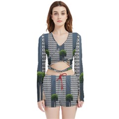 Exterior-building-pattern Velvet Wrap Crop Top And Shorts Set by artworkshop