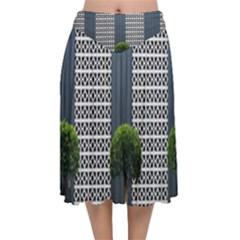 Exterior-building-pattern Velvet Flared Midi Skirt