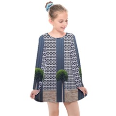 Exterior-building-pattern Kids  Long Sleeve Dress by artworkshop