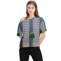 Exterior-building-pattern One Shoulder Cut Out Tee by artworkshop