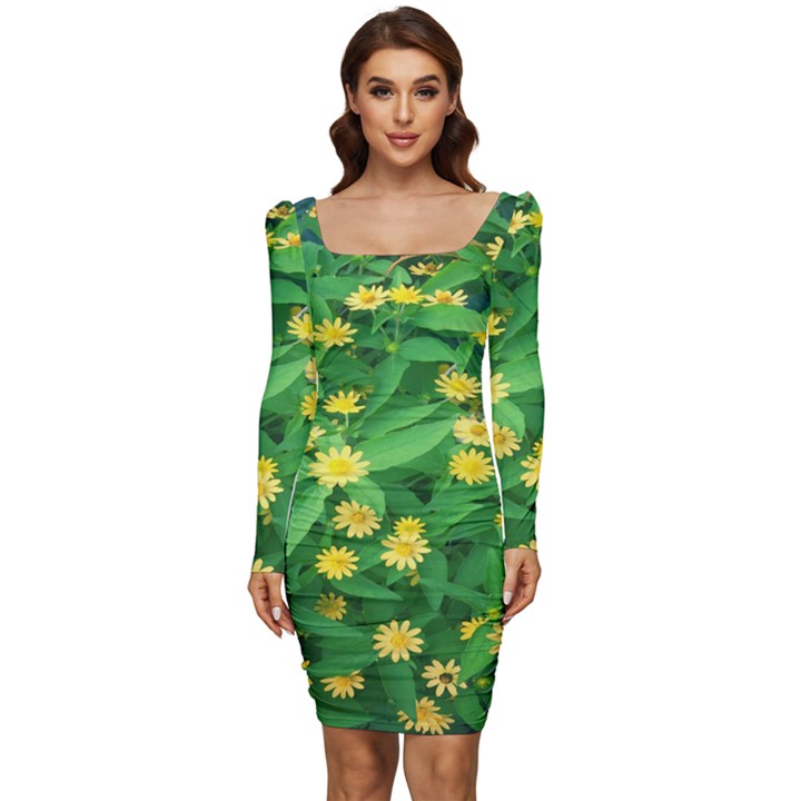 Flower Plant Spring Women Long Sleeve Ruched Stretch Jersey Dress