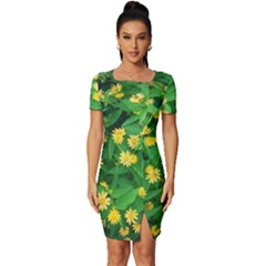 Flower Plant Spring Fitted Knot Split End Bodycon Dress