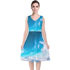 Landscape Sky Clouds Hd Wallpaper V-neck Midi Sleeveless Dress  by artworkshop