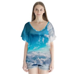 Landscape Sky Clouds Hd Wallpaper V-neck Flutter Sleeve Top by artworkshop