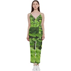 Layered Plant Leaves Iphone Wallpaper V-neck Spaghetti Strap Tie Front Jumpsuit