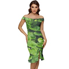 Layered Plant Leaves Iphone Wallpaper Off Shoulder Ruffle Split Hem Bodycon Dress by artworkshop