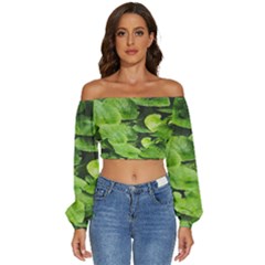 Layered Plant Leaves Iphone Wallpaper Long Sleeve Crinkled Weave Crop Top