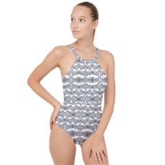 Black And White Tribal Print Pattern High Neck One Piece Swimsuit by dflcprintsclothing