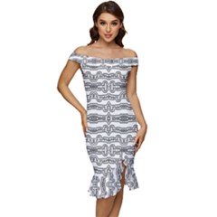 Black And White Tribal Print Pattern Off Shoulder Ruffle Split Hem Bodycon Dress by dflcprintsclothing