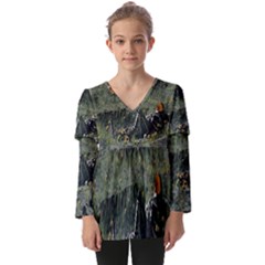 Astronaut Lying In Flowers Fantasy Kids  V Neck Casual Top