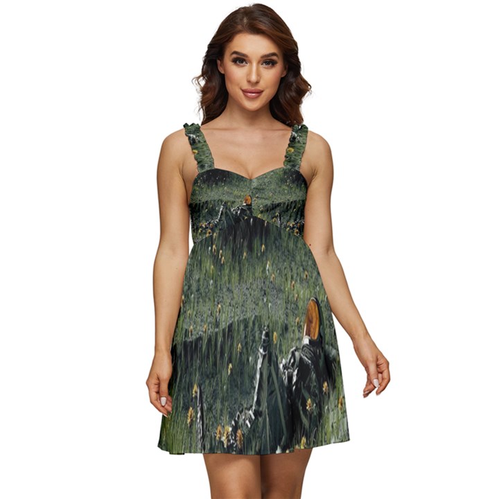 Astronaut Lying In Flowers Fantasy Ruffle Strap Babydoll Chiffon Dress