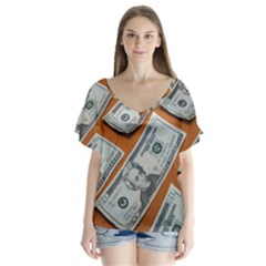 Money Pattern V-neck Flutter Sleeve Top by artworkshop