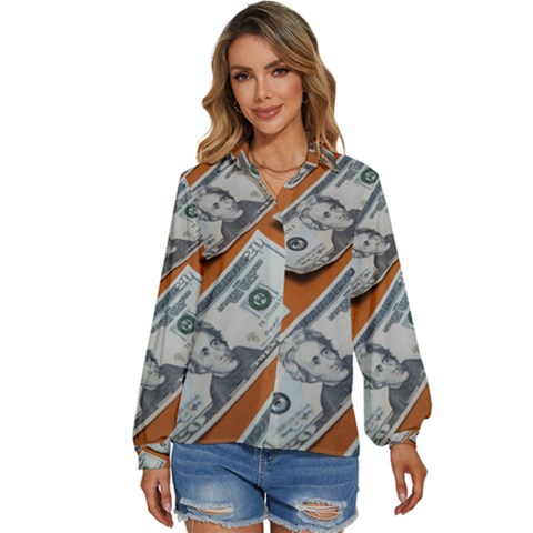 Money Pattern Women s Long Sleeve Button Down Shirt by artworkshop