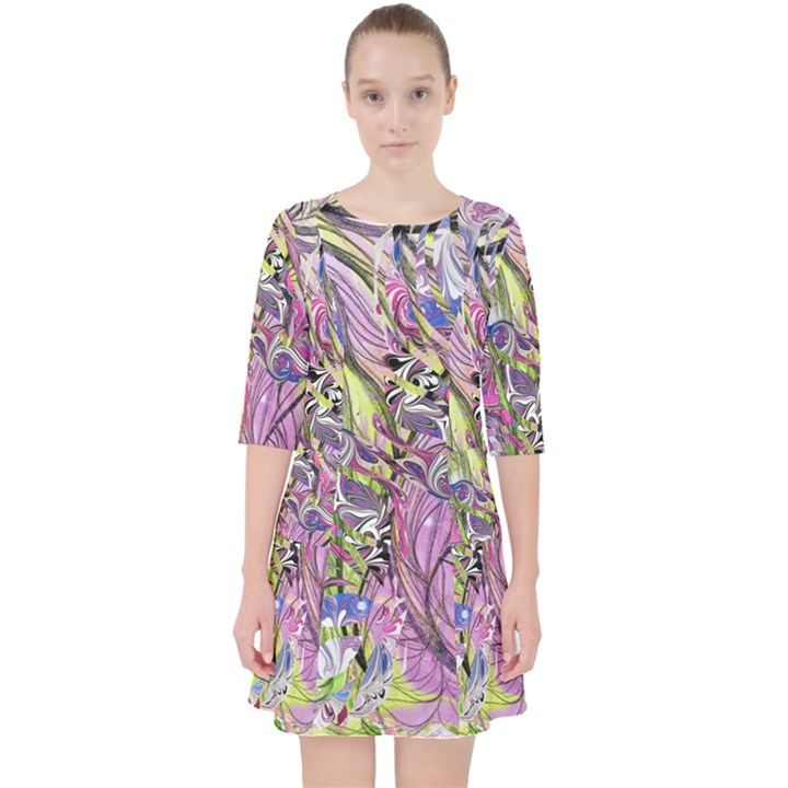 Abstract intarsio Quarter Sleeve Pocket Dress