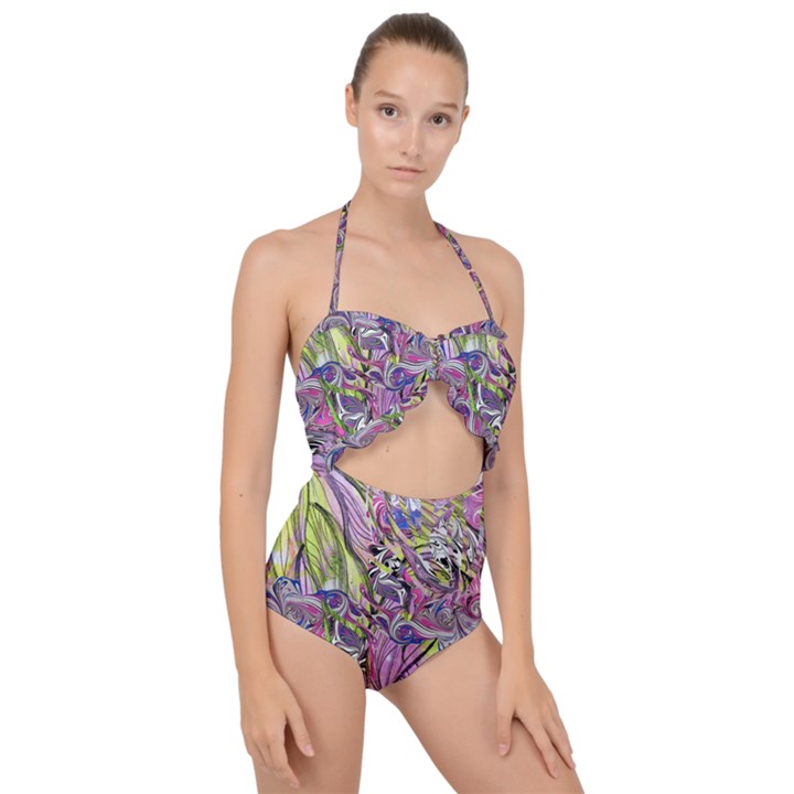 Abstract intarsio Scallop Top Cut Out Swimsuit